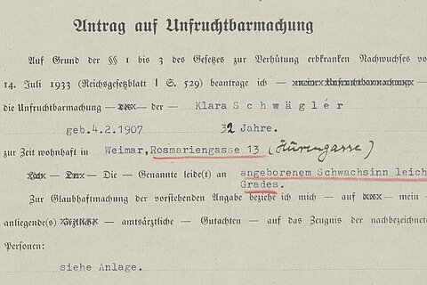 Ausgefülltes Formular zur Beantragung der Unfruchtbarmachung von Klara Schwägler, unterschrieben von Amtsarzt Freienstein. 