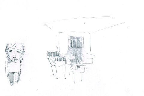 Zeichnung: Ein Mensch steht allein in einem Raum mit zwei Krankenbetten und einem vergitterten Fenster.